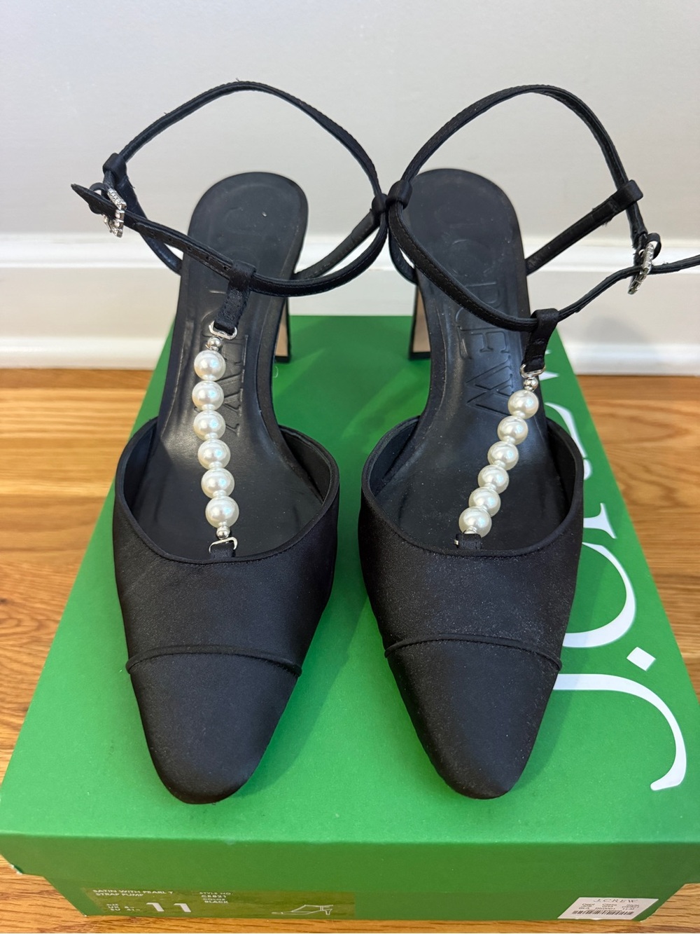 J. Crew Black Satin Pointed Pearl T-Strap Heels